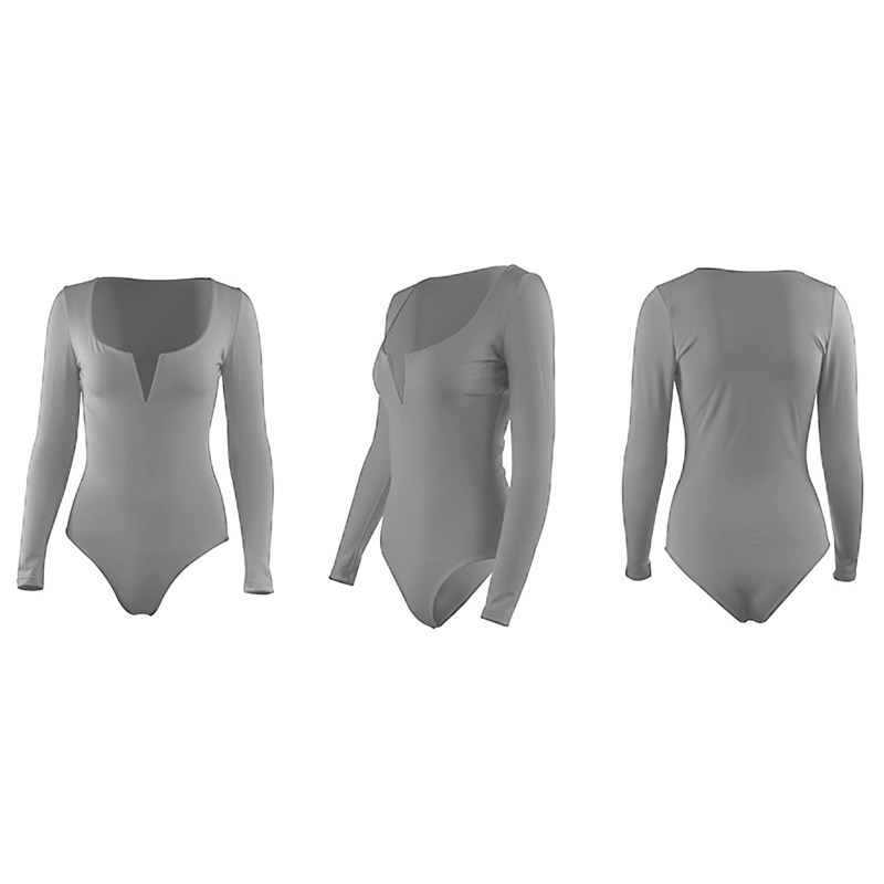 Gray Deep V Long Sleeve Bodysuit TQK550156-11