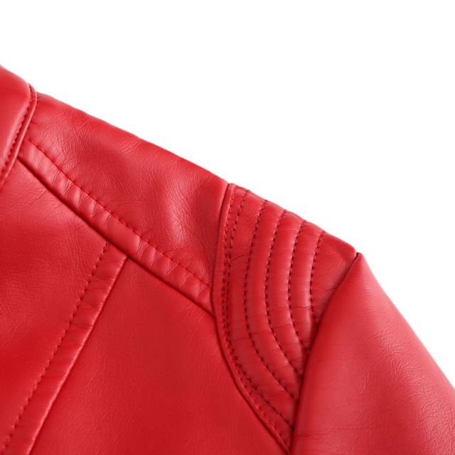 Red Stand Collar Zipper Detail PU Leather Jacket TQK280094-3