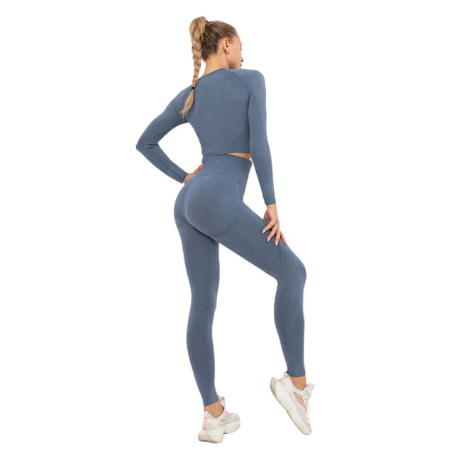 Navy Blue Seamless Long Sleeve Yoga Sports Set TQE00135-34