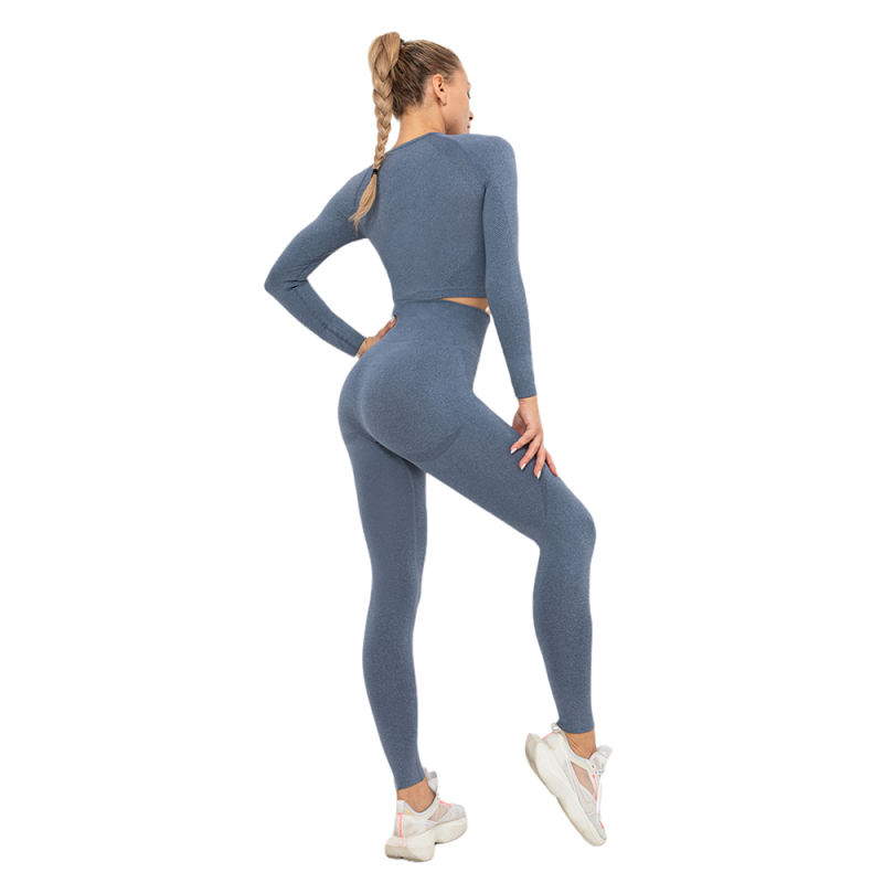 Navy Blue Seamless Long Sleeve Yoga Sports Set TQE00135-34