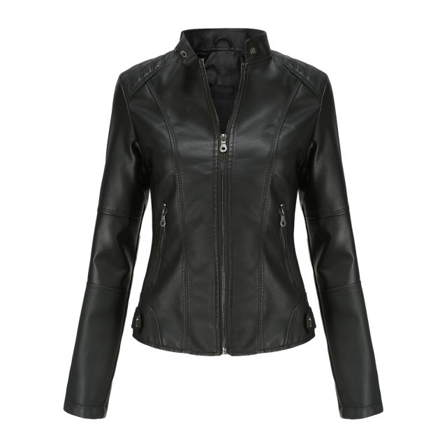 Black Slim Fit Stand Collar PU Motorcycle Jacket TQK280091-2