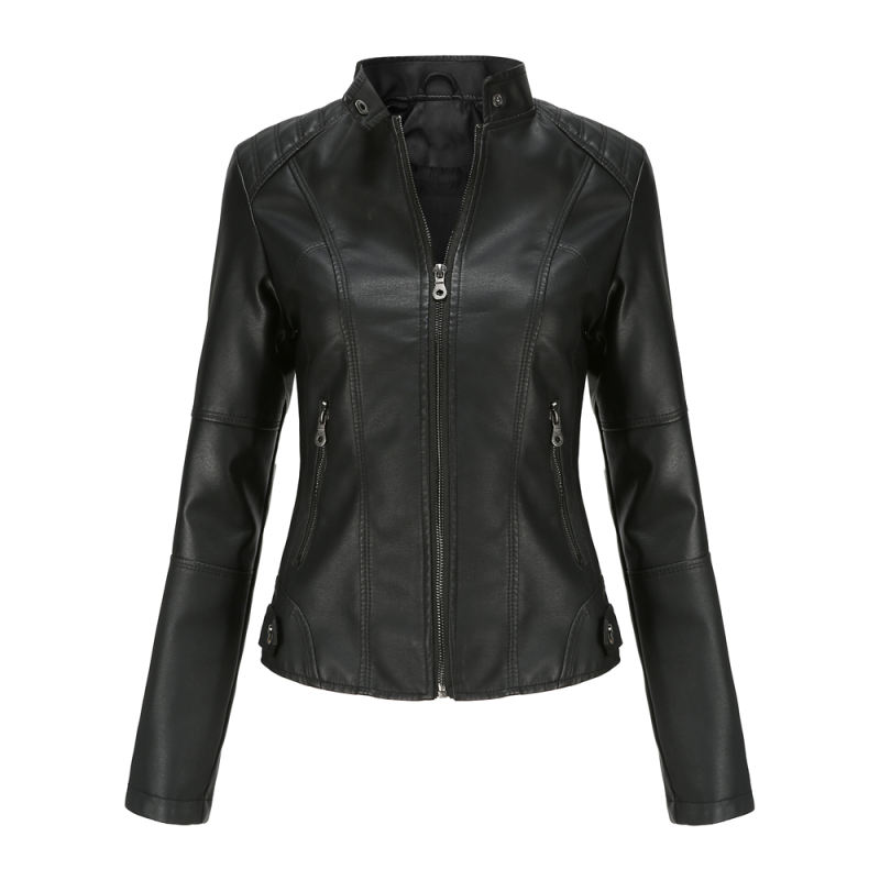 Black Slim Fit Stand Collar PU Motorcycle Jacket TQK280091-2