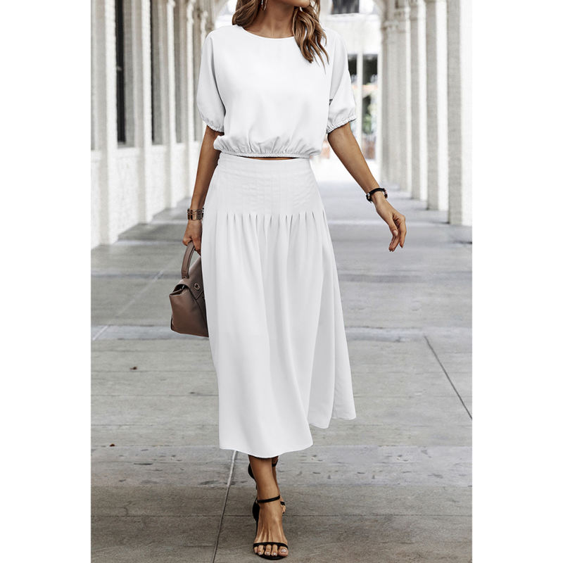 White Pleated Crop Top with Skirt Set TQX711094-1