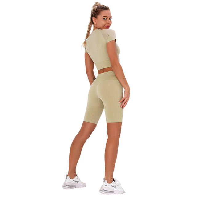 Light Yellow Seamless Short Sleeve Yoga Sports Set TQE00138-42