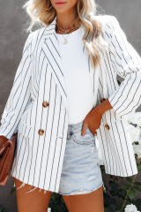 White Double Breasted Pocketed Striped Blazer LC852386-1