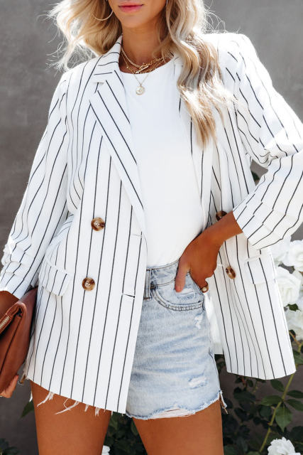 White Double Breasted Pocketed Striped Blazer LC852386-1