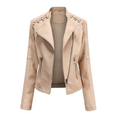 Khaki Zipper Slim Fit Motorcycle PU Leather Jacket TQK280090-21