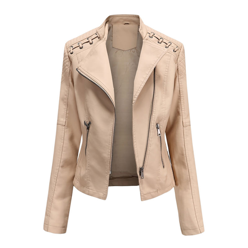Khaki Zipper Slim Fit Motorcycle PU Leather Jacket TQK280090-21