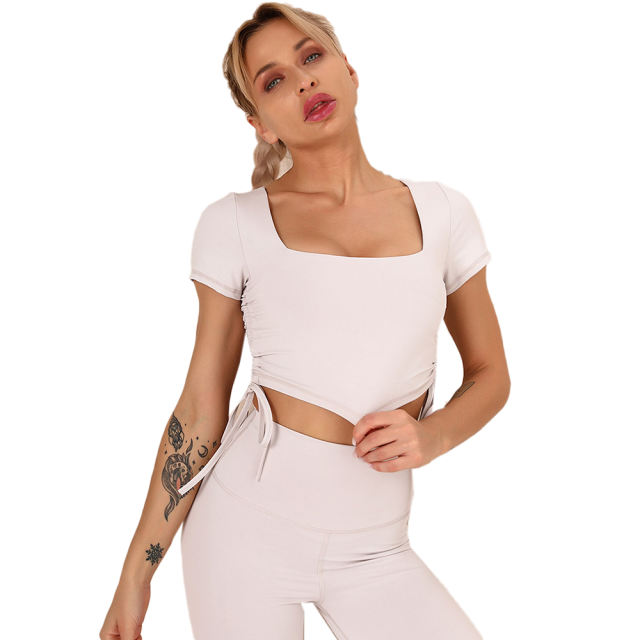 Light Gray Sides Drawstring Short Sleeve Yoga Pant Set TQK710243-25