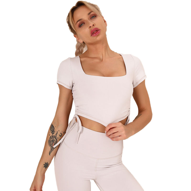 Light Gray Sides Drawstring Short Sleeve Yoga Pant Set TQK710243-25