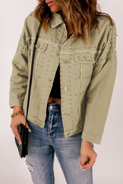 Khaki Frayed Trim Rivet Denim Jacket LC788104-16