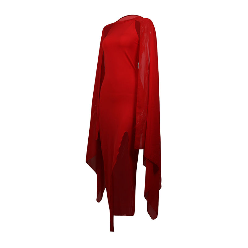 Red Crepe Flared Sleeve Bodycon Maxi Dress LCSN070-3