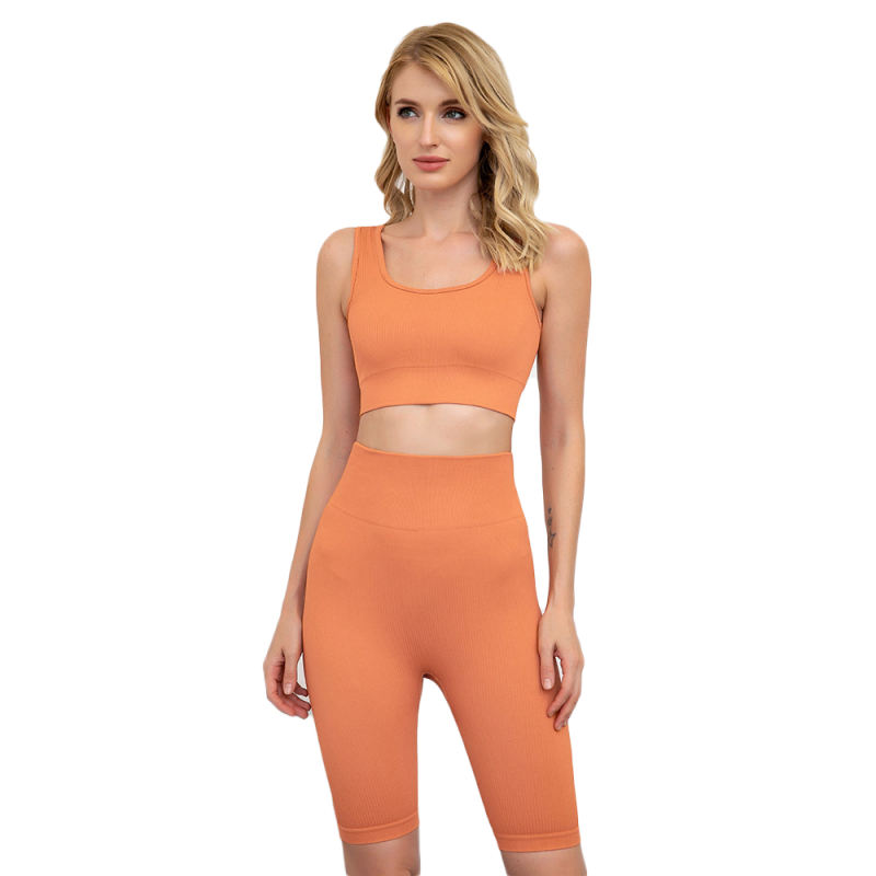 Orange Seamless Knit Yoga Bra with Shorts Set TQK710237-14