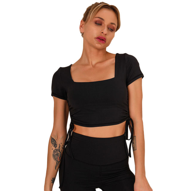 Black Sides Drawstring Short Sleeve Yoga Pant Set TQK710243-2