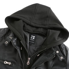Black Removable Hooded Washed PU Leather Jacket TQK280096-2