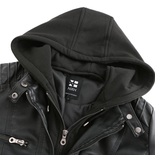 Black Removable Hooded Washed PU Leather Jacket TQK280096-2