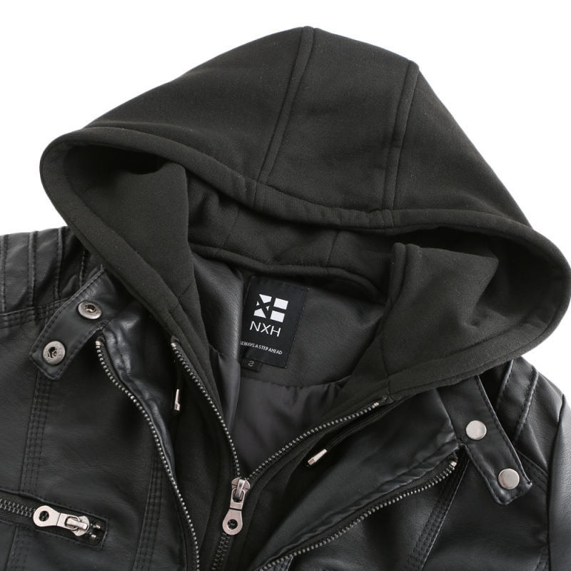 Black Removable Hooded Washed PU Leather Jacket TQK280096-2