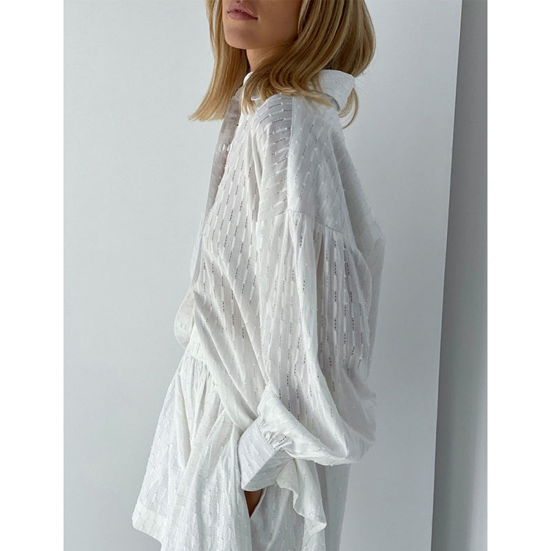 White Hollow-out Jacquard Long Sleeve Shirt with Shorts Set TQF711040-1