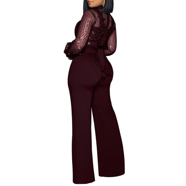 Burgundy Back Lace-up Long Sleeve Sequin Jumpsuit TQK550346-23