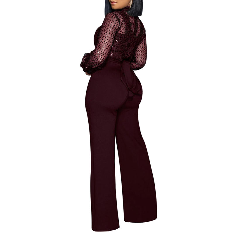 Burgundy Back Lace-up Long Sleeve Sequin Jumpsuit TQK550346-23