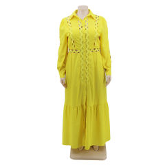 Solid Yellow Button Down Plus Size Dress TQK310446-7