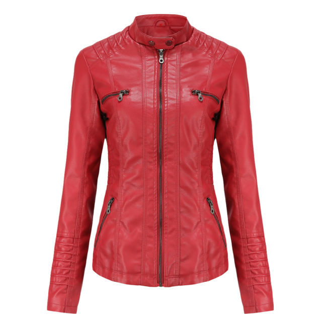 Red Removable Hooded Washed PU Leather Jacket TQK280096-3