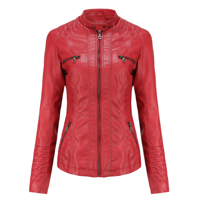 Red Removable Hooded Washed PU Leather Jacket TQK280096-3