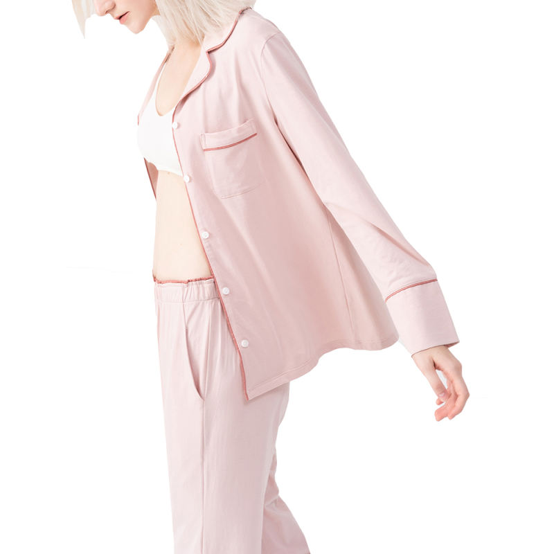 Pink Button Shirt with High Waist Pant Pajamas Set TQE90120-10