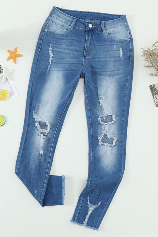 Faded Mid High Rise Jeans with Holes LC78267-4
