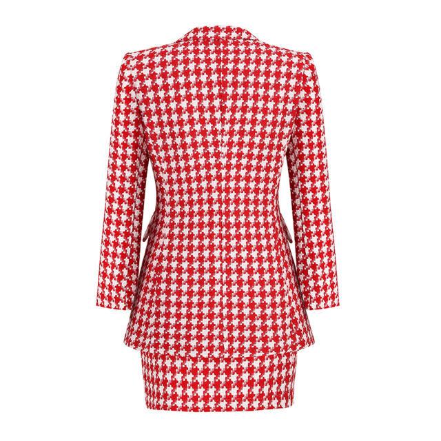 Red Plaid Print Blazer and Button Split Skirt Set TQF711046-3