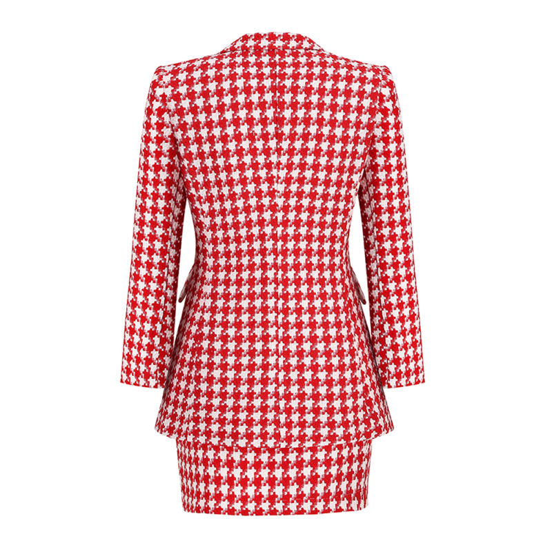 Red Plaid Print Blazer and Button Split Skirt Set TQF711046-3