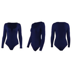 Navy Blue Deep V Long Sleeve Bodysuit TQK550156-34