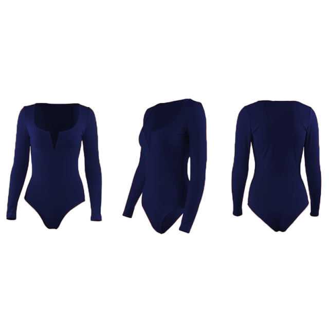 Navy Blue Deep V Long Sleeve Bodysuit TQK550156-34