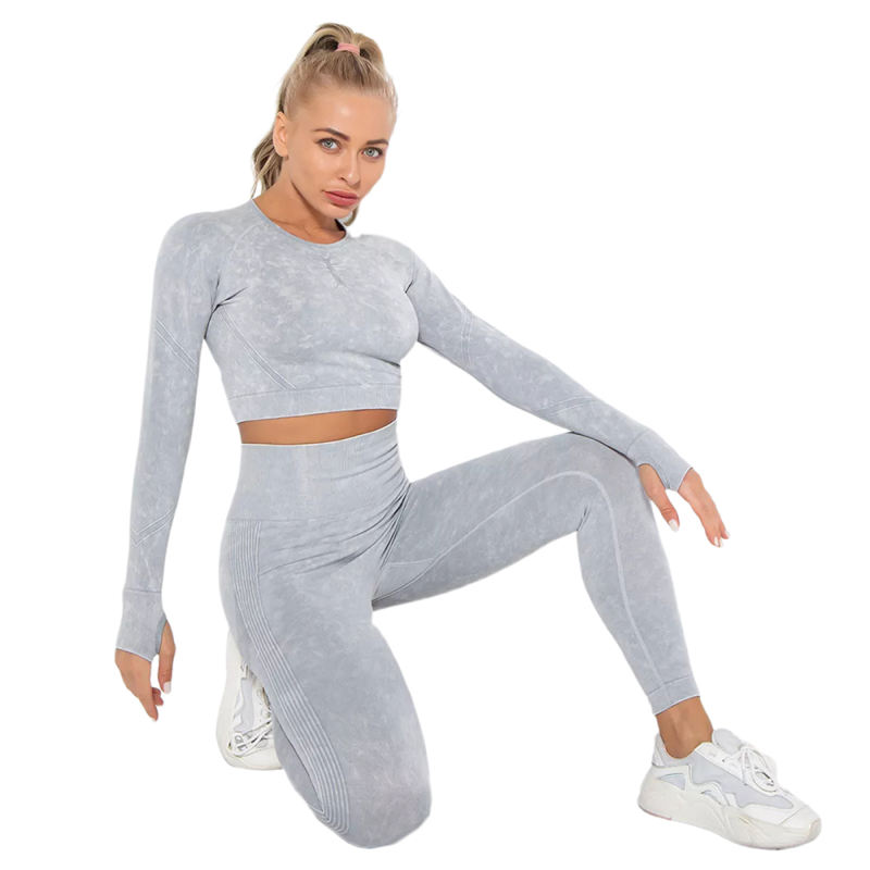 Light Gray Nylon Seamless Long Sleeve Pant Yoga Set TQE91361-112
