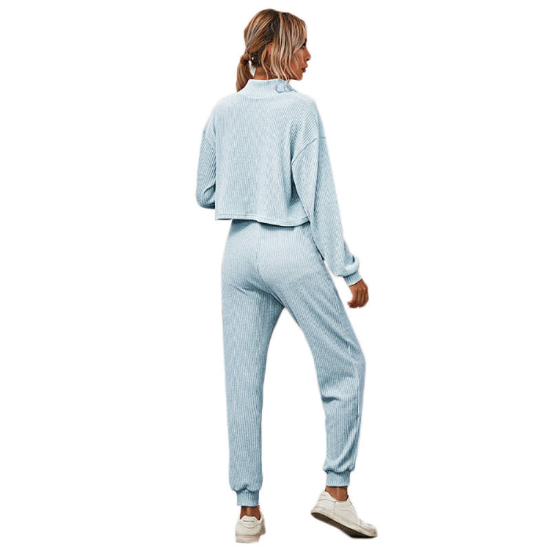 Light Blue Zipper Up Leopard Detail Sweatshirt with Pant Set TQK710222-30