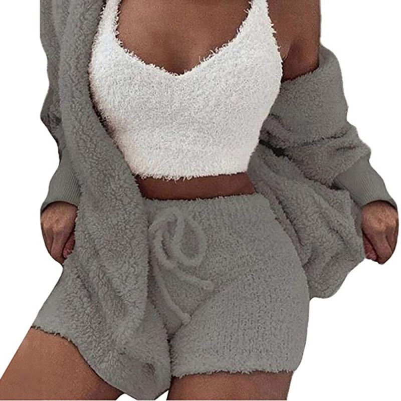Gray Plush Hoodie with Shorts and White Vest 3pcs Set TQK710393-11