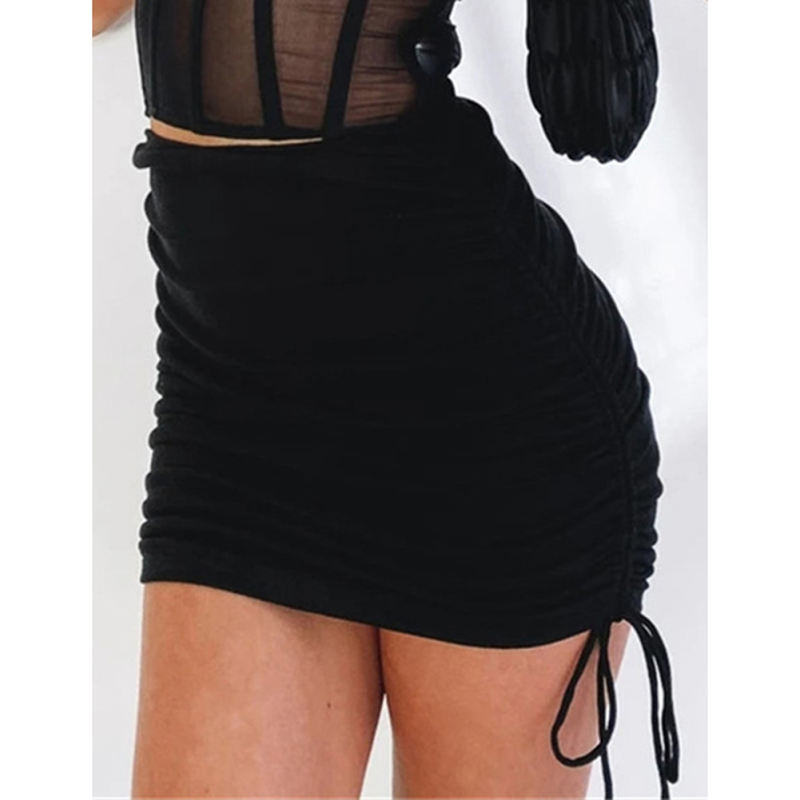 Black Ribbed Drawstring Bodycon Mini Skirt TQF360016-2