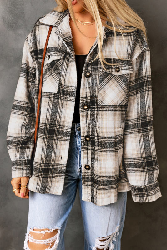 Black Vintage Plaid Fleece Lining Jacket LC854187-2