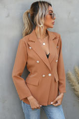 Brown Double Breasted Lapel Long Sleeve Blazer LC8511716-17