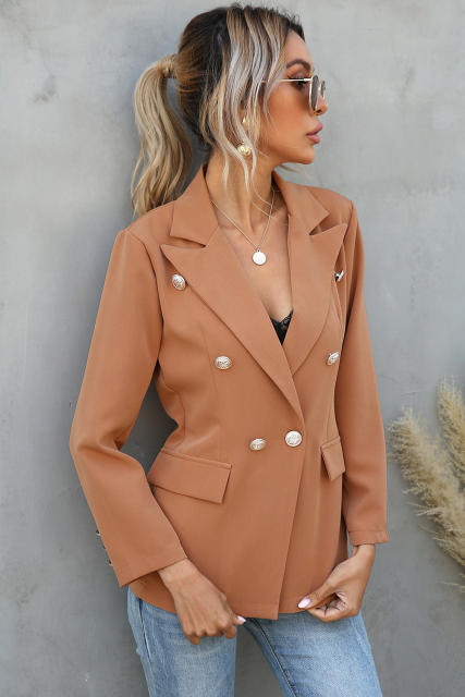 Brown Double Breasted Lapel Long Sleeve Blazer LC8511716-17