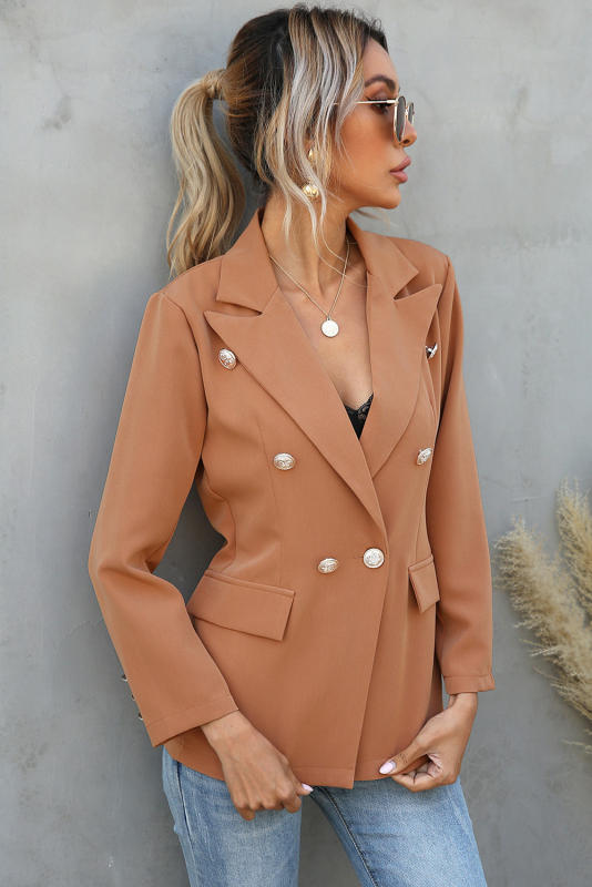Brown Double Breasted Lapel Long Sleeve Blazer LC8511716-17