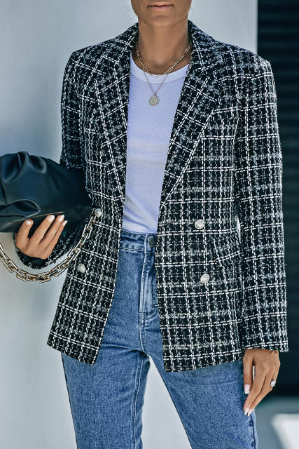 Black Lapel Collar Plaid Tweed Double Breasted Blazer LC852400-2