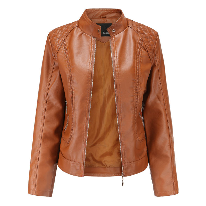Brown Classic Style Stand Collar PU Leather Jacket TQK280092-17