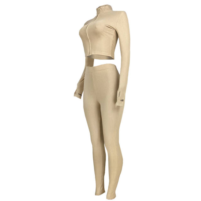 Khaki Cotton Blend Zipper Datail Long Sleeve Top with Pant Set TQK710132-21