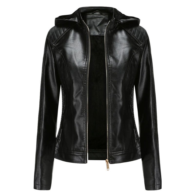 Black Fleece Lined Plus Size PU Leather Jacket TQK280097-2