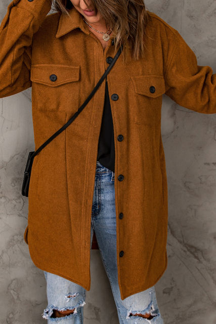 Brown Long Sleeve Pockets Buttoned Shirt Jacket LC8512409-17
