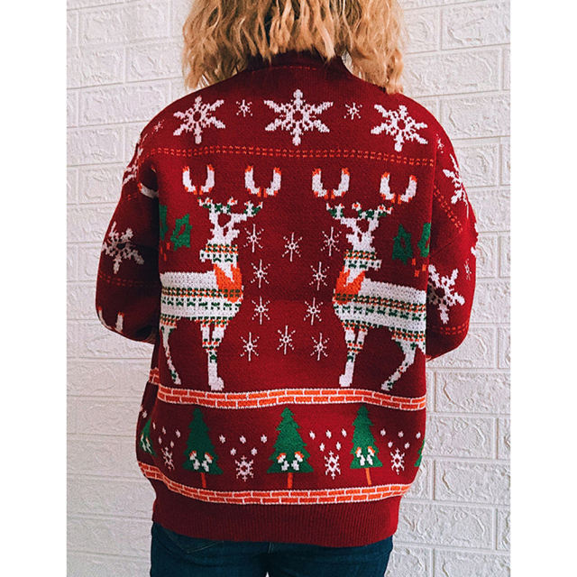 Red Christma Tree Deer Snowflake Print Knit Pullover TQK271415-3