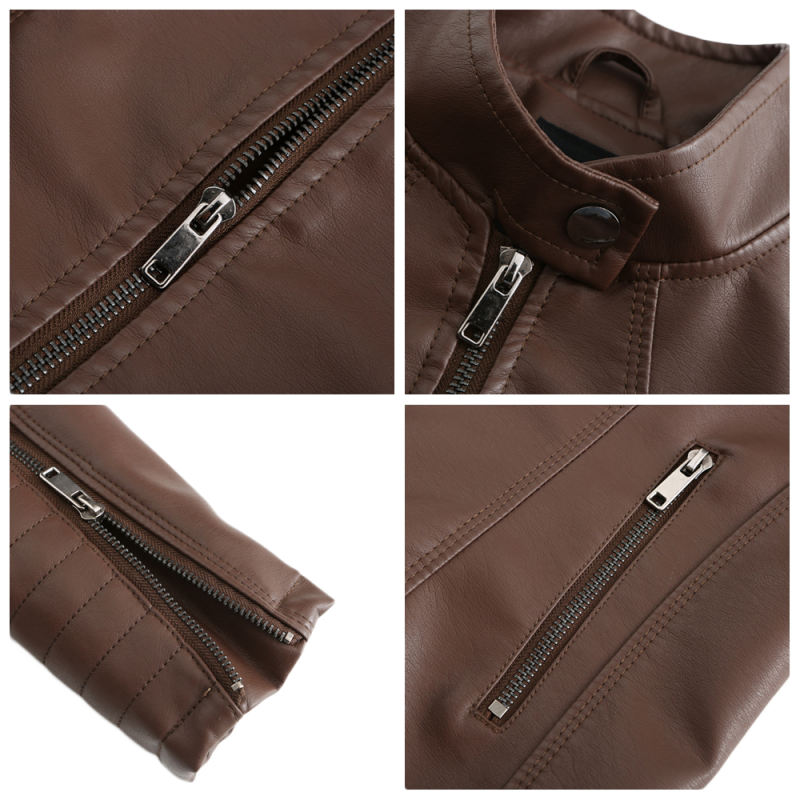 Coffee Zipper Pockets Long Sleeve PU Leather Jacket TQK280093-15