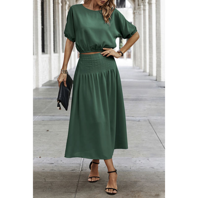 Dark Green Pleated Crop Top with Skirt Set TQX711094-36