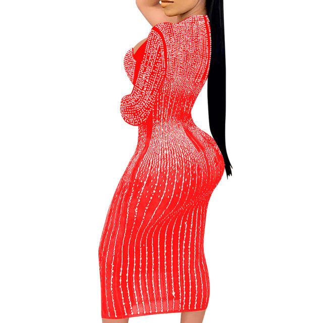 Red Mesh Rhinestone Beading Padded Long Sleeve Dress TQK311127-3